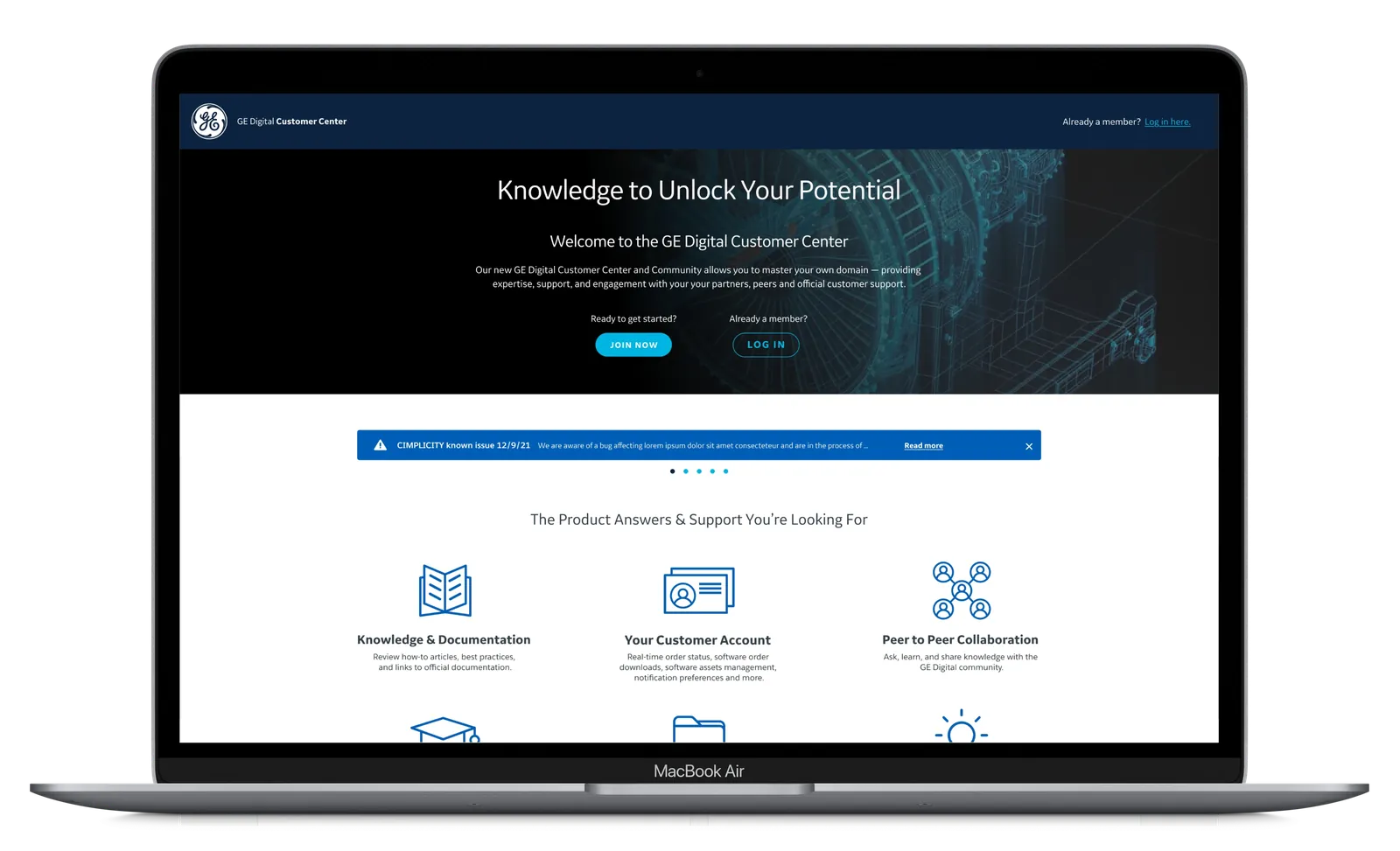MacBook Air showing a redesigned enterprise customer center portal — a dark-themed homepage with a full-bleed industrial machinery hero image, headline 'Knowledge to Unlock Your Potential,' Join Now and Log In CTAs, a notification banner, and three feature icons for Knowledge & Documentation, Your Customer Account, and Peer to Peer Collaboration, designed for global distributor and partner self-service