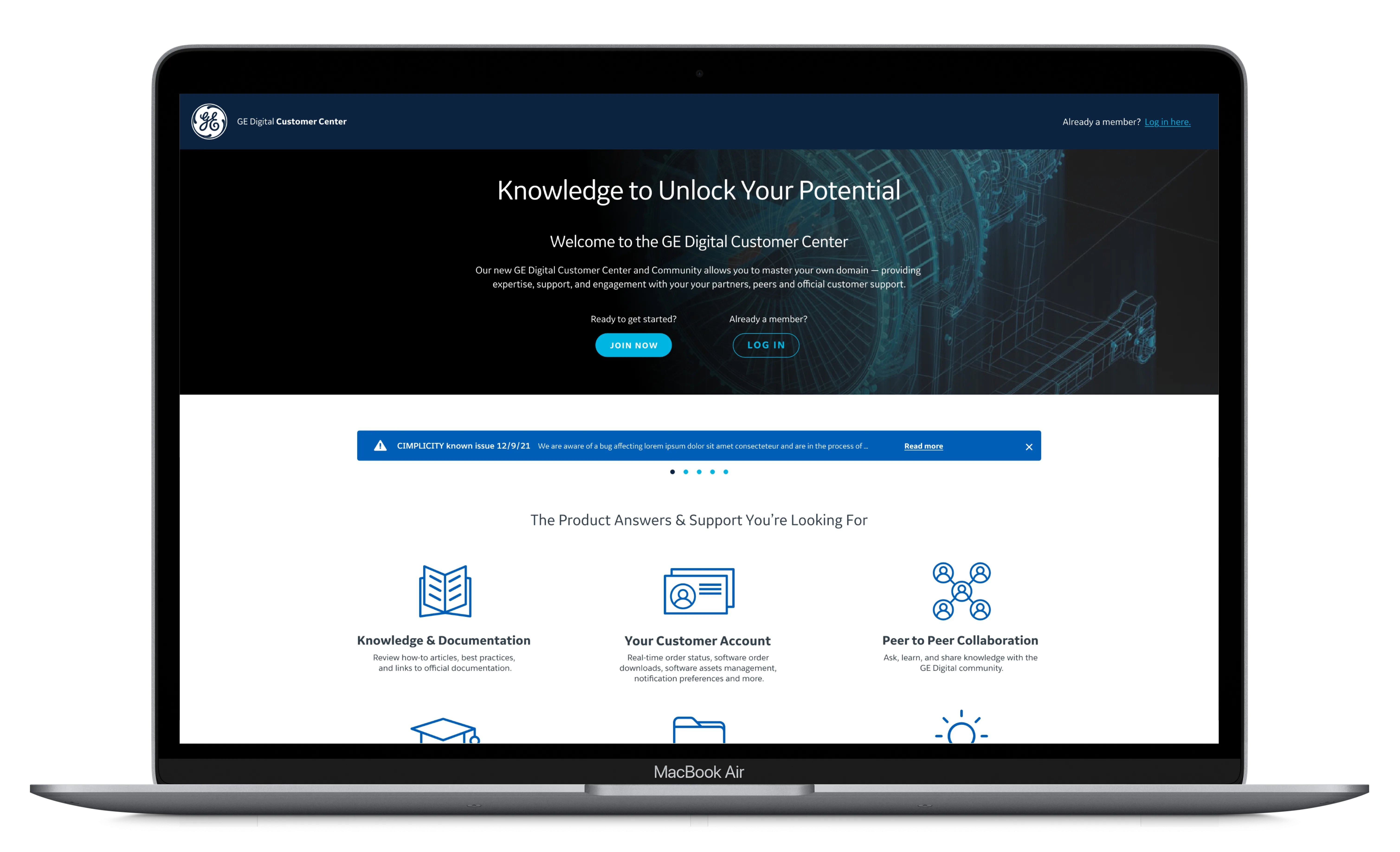 MacBook Air showing a redesigned enterprise customer center portal — a dark-themed homepage with a full-bleed industrial machinery hero image, headline 'Knowledge to Unlock Your Potential,' Join Now and Log In CTAs, a notification banner, and three feature icons for Knowledge & Documentation, Your Customer Account, and Peer to Peer Collaboration, designed for global distributor and partner self-service