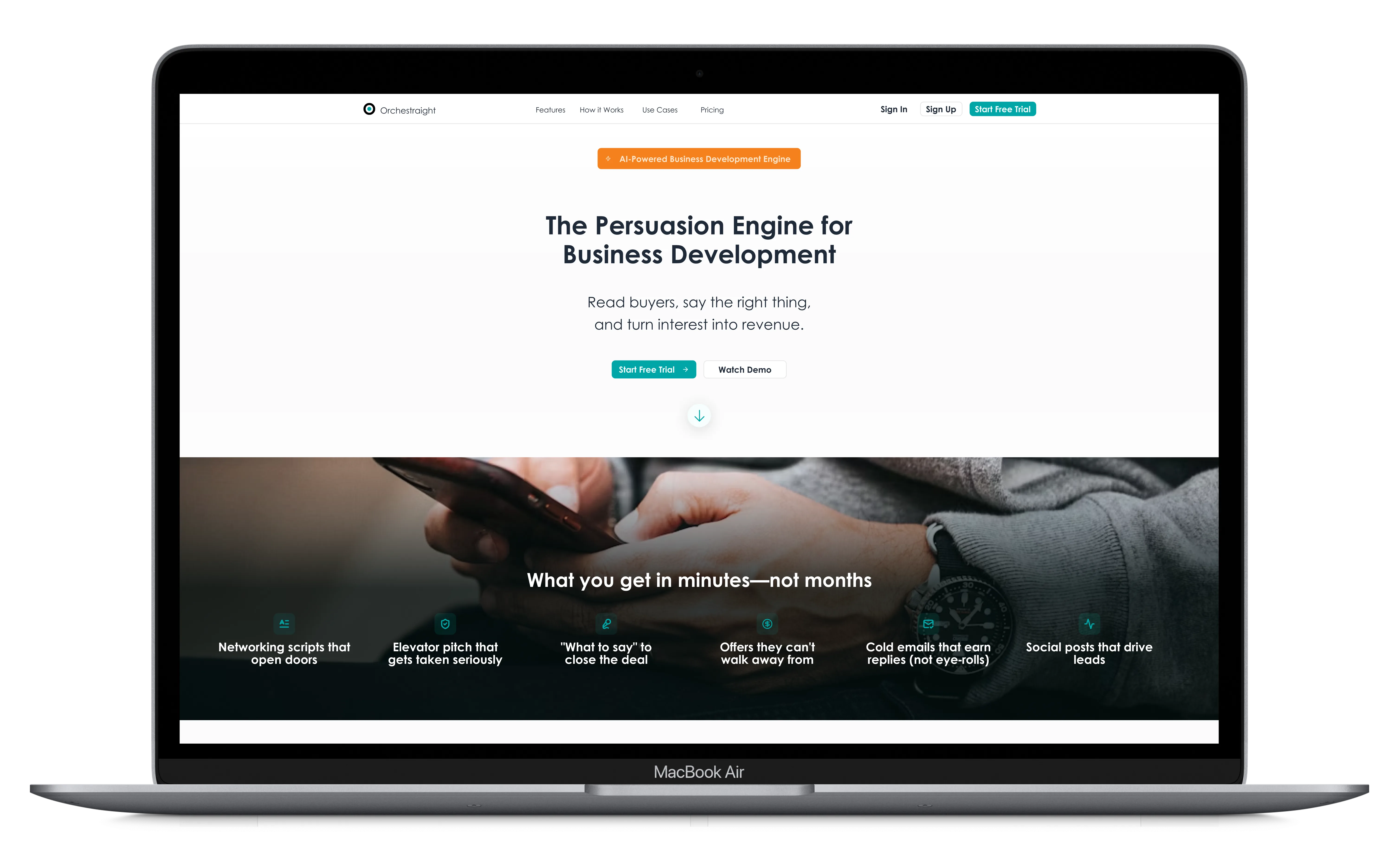 MacBook Air showing the Persuasion Engine for Business Development — an AI-powered B2B SaaS platform homepage with a hero headline 'The Persuasion Engine for Business Development,' feature icons for networking scripts and elevator pitches, and a dark imagery section promoting rapid results for independent consultants
