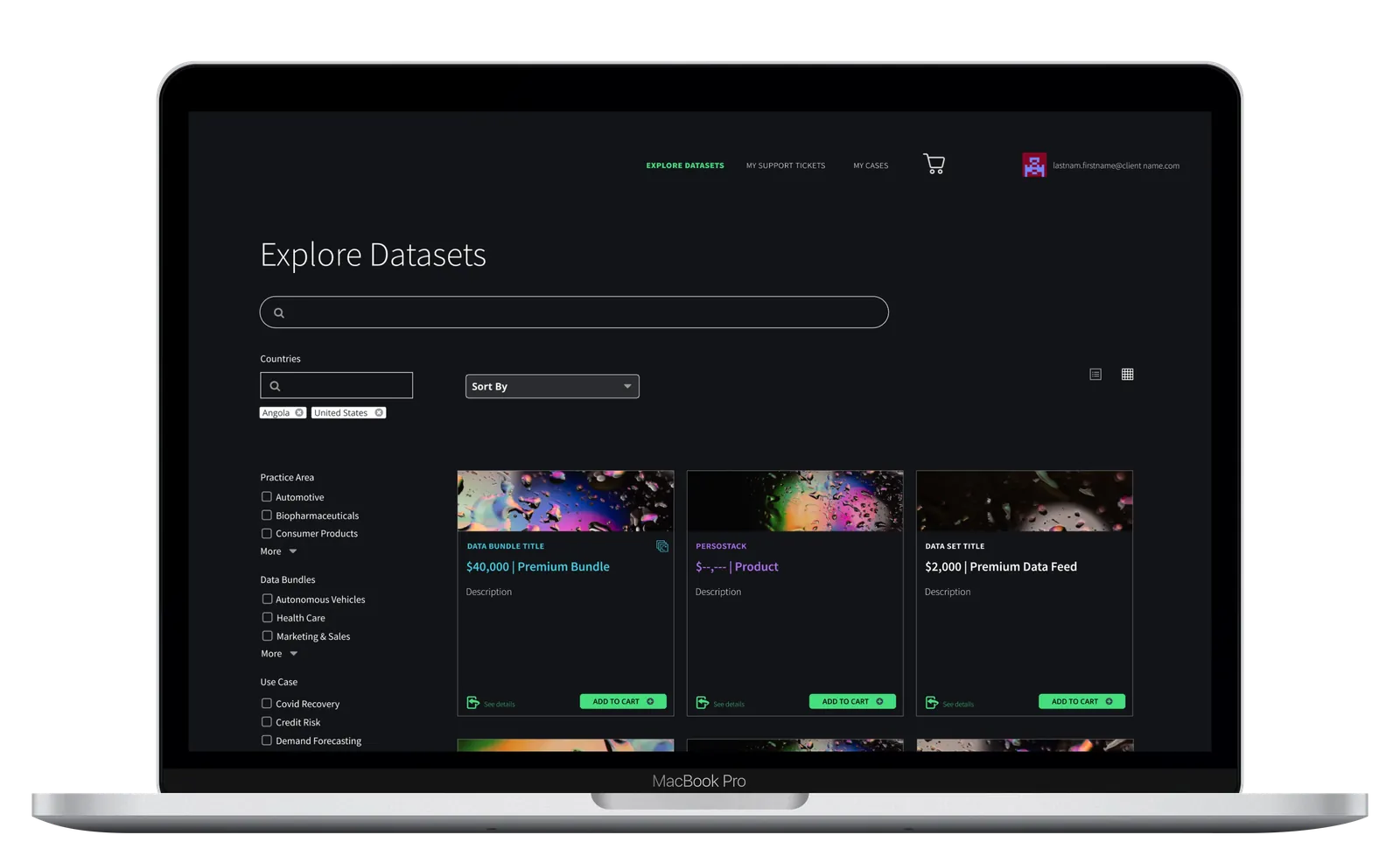 MacBook Pro showing an Explore Datasets self-service data marketplace — a dark-themed interface with a search bar, country and sort-by filters, practice area and data bundle checkboxes, and a grid of data product cards including a $40,000 Premium Bundle, a Persostack product, and a $2,000 Premium Data Feed, each with colorful abstract dataset preview images and Add to Cart actions