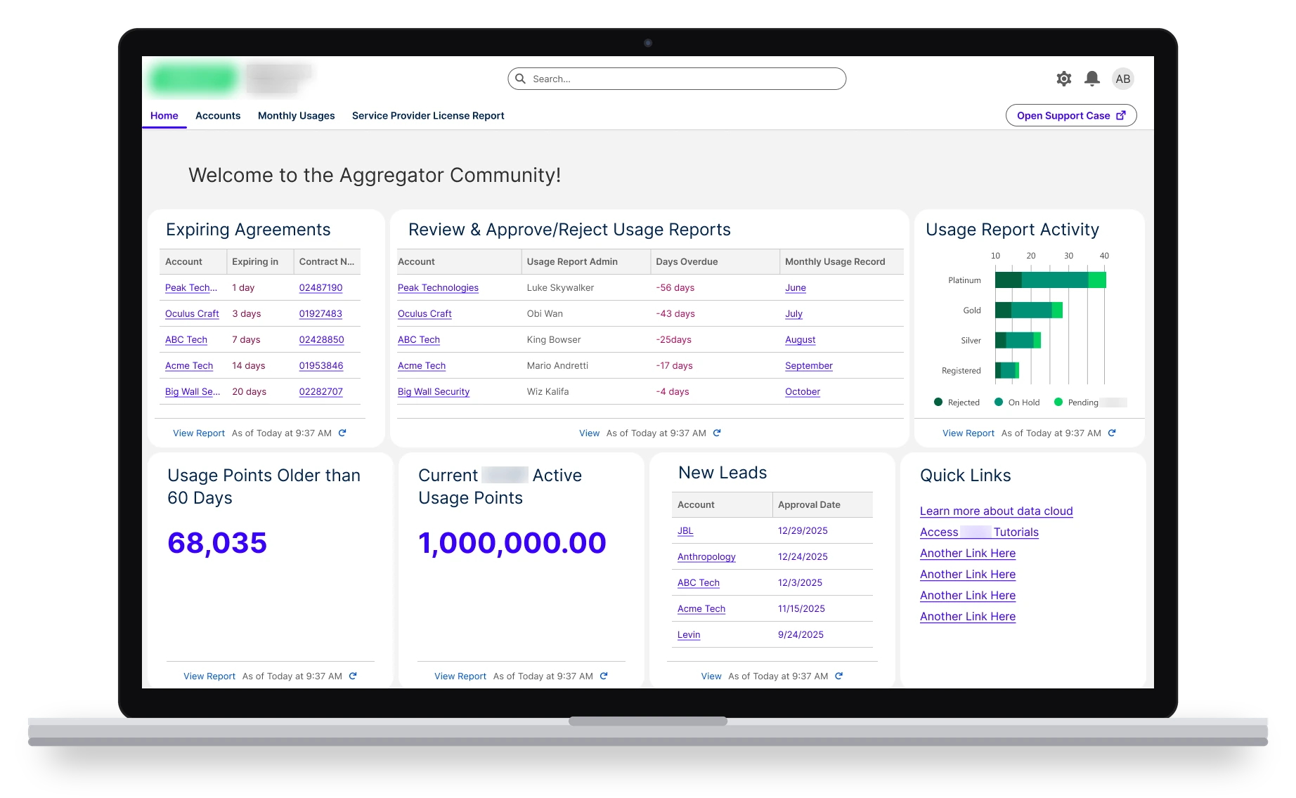 Laptop showing a partner portal home page for aggregators, with tables for expiring agreements and usage reports to approve or reject, a usage report activity chart by partner tier, and stat cards for usage points.