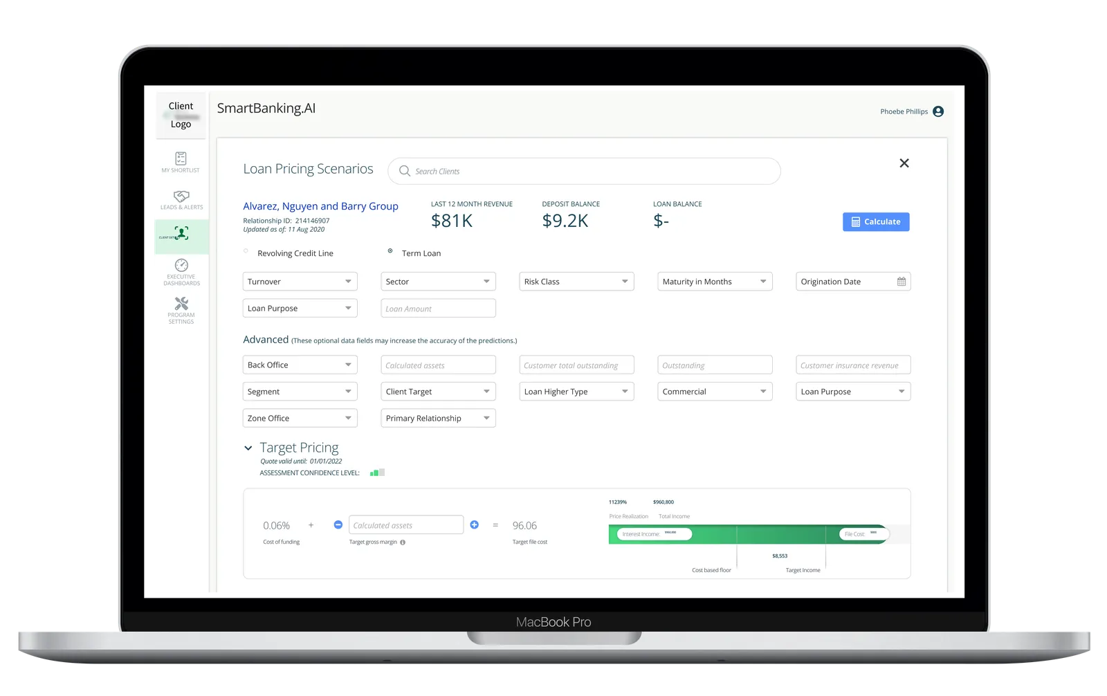 MacBook Pro displaying SmartBanking.AI loan pricing scenario interface — showing the Alvarez, Nguyen and Barry Group client account with $81K revenue, revolving credit and term loan configuration fields, advanced risk parameters, and an AI-generated target pricing calculation with cost-of-funding breakdown and price realization chart
