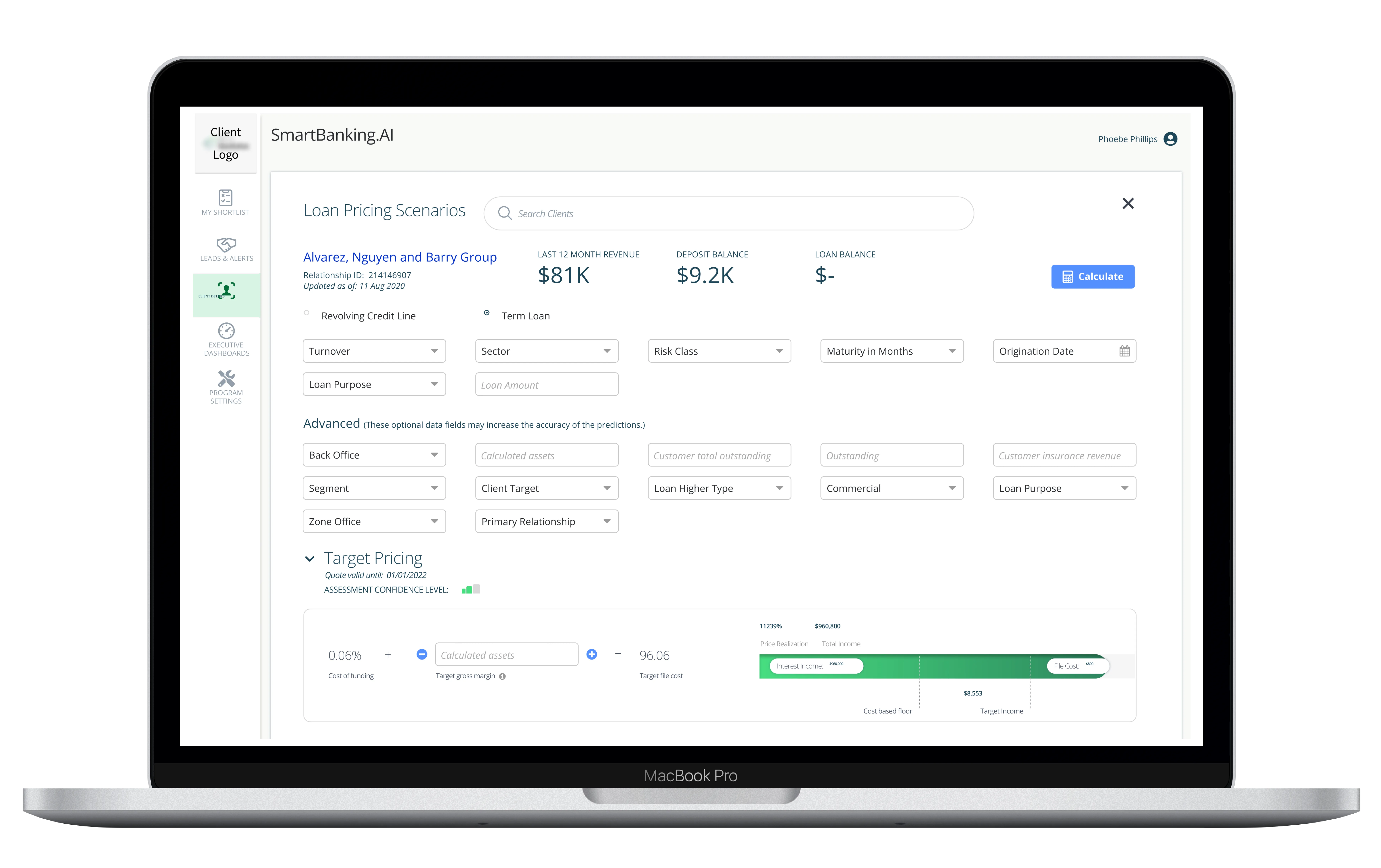MacBook Pro displaying SmartBanking.AI loan pricing scenario interface — showing the Alvarez, Nguyen and Barry Group client account with $81K revenue, revolving credit and term loan configuration fields, advanced risk parameters, and an AI-generated target pricing calculation with cost-of-funding breakdown and price realization chart